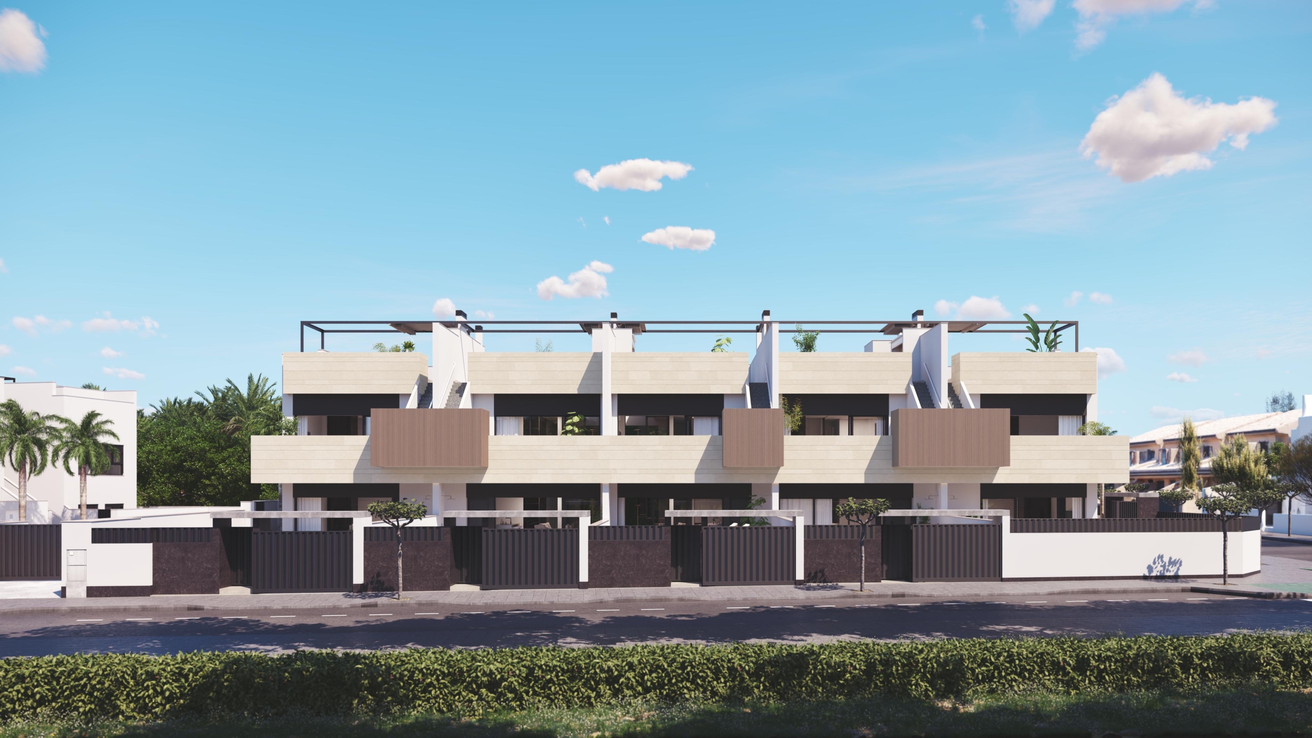 (1) FRONT FACADE PURA VIDA VI * Pilar de La Horadada * Exclusive Bungalows * Top Floor Two Bedrooms / 2 Bathrooms / Ground Floor 3 Bedrooms / 2 Bathrooms * €434,000 – €479,000 *