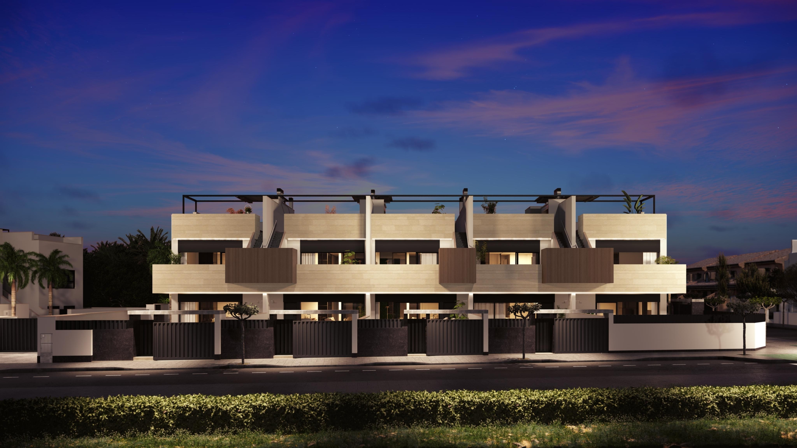 (2) FRONT FACADE BY NIGHT PURA VIDA VI * Pilar de La Horadada * Exclusive Bungalows * Top Floor Two Bedrooms / 2 Bathrooms / Ground Floor 3 Bedrooms / 2 Bathrooms * €434,000 – €479,000 *