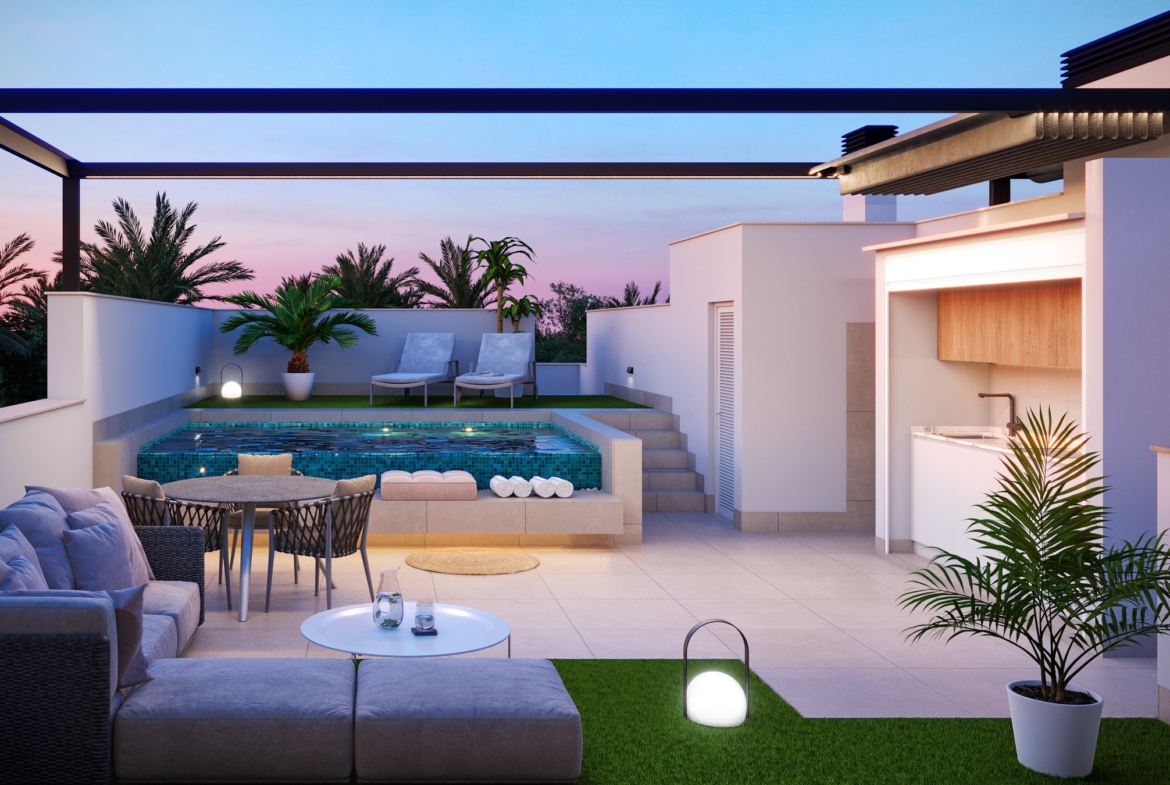 PURA VIDA VI * Pilar de La Horadada * Exclusive Bungalows * Top Floor Two Bedrooms / 2 Bathrooms / Ground Floor 3 Bedrooms / 2 Bathrooms * €434,000 – €479,000 *