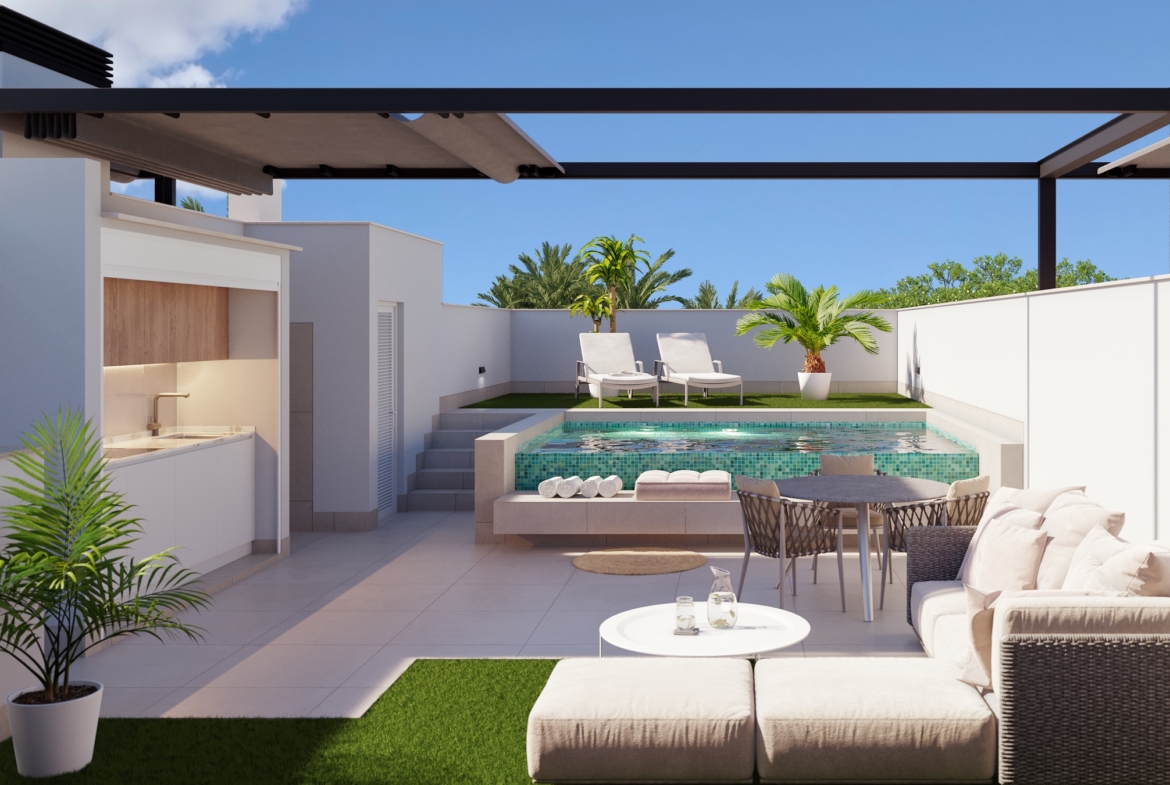PURA VIDA VI * Pilar de La Horadada * Exclusive Bungalows * Top Floor Two Bedrooms / 2 Bathrooms / Ground Floor 3 Bedrooms / 2 Bathrooms * €434,000 – €479,000 *