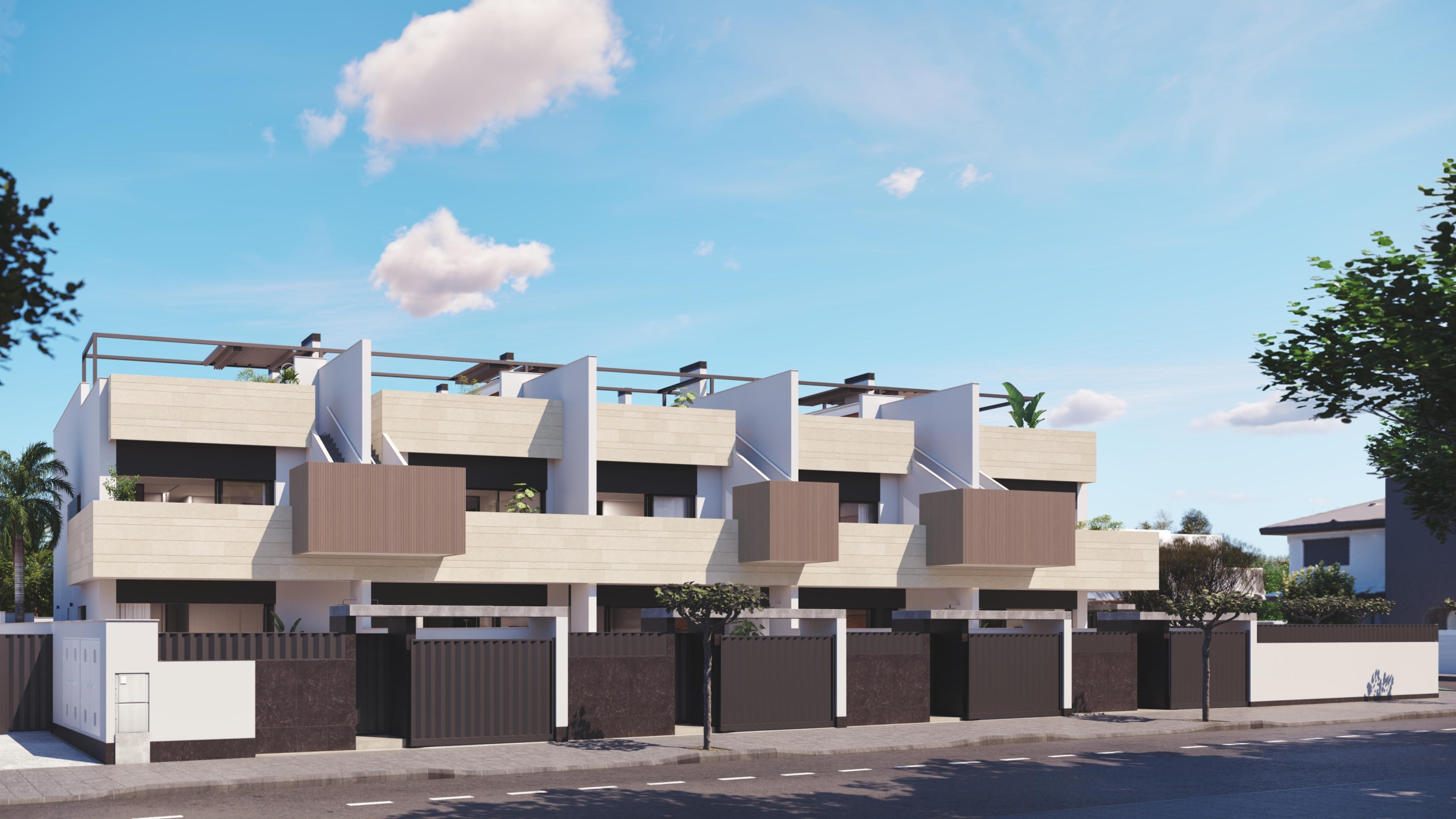 (25) LEFT-SIDE FACADE PURA VIDA VI * Pilar de La Horadada * Exclusive Bungalows * Top Floor Two Bedrooms / 2 Bathrooms / Ground Floor 3 Bedrooms / 2 Bathrooms * €434,000 – €479,000 *