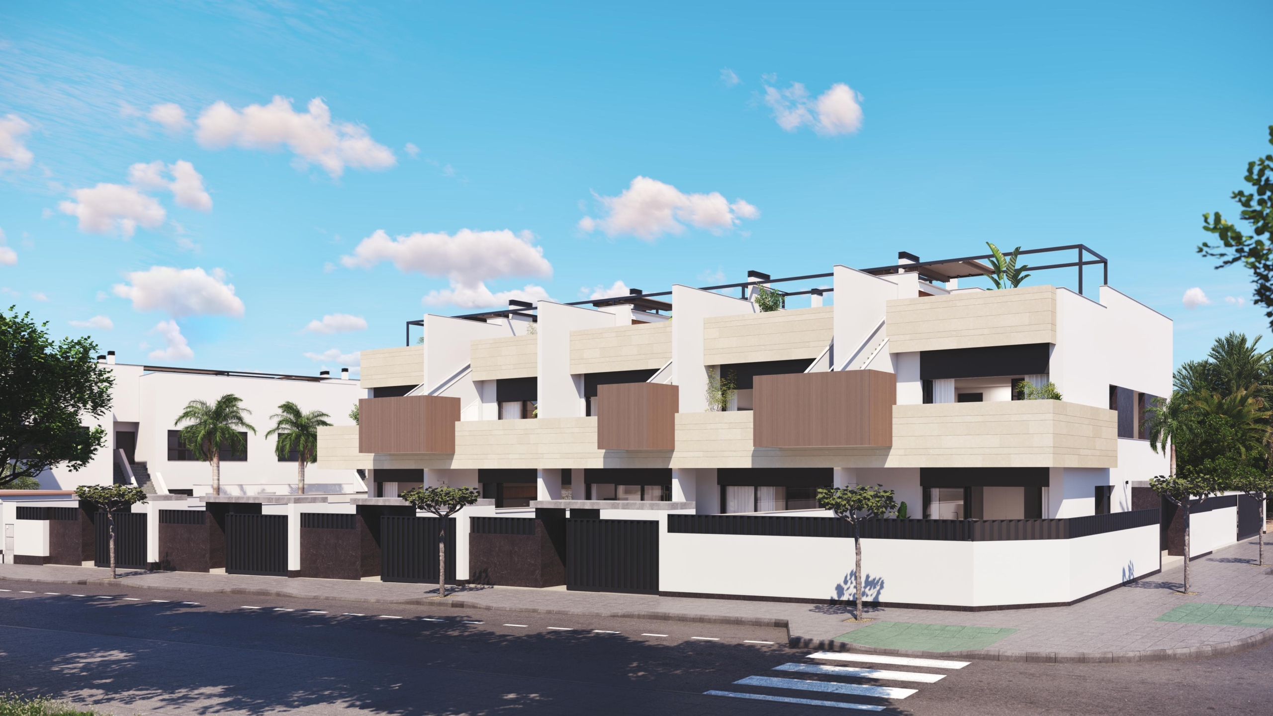 (26) RIGHT-SIDE FACADE PURA VIDA VI * Pilar de La Horadada * Exclusive Bungalows * Top Floor Two Bedrooms / 2 Bathrooms / Ground Floor 3 Bedrooms / 2 Bathrooms * €434,000 – €479,000 *