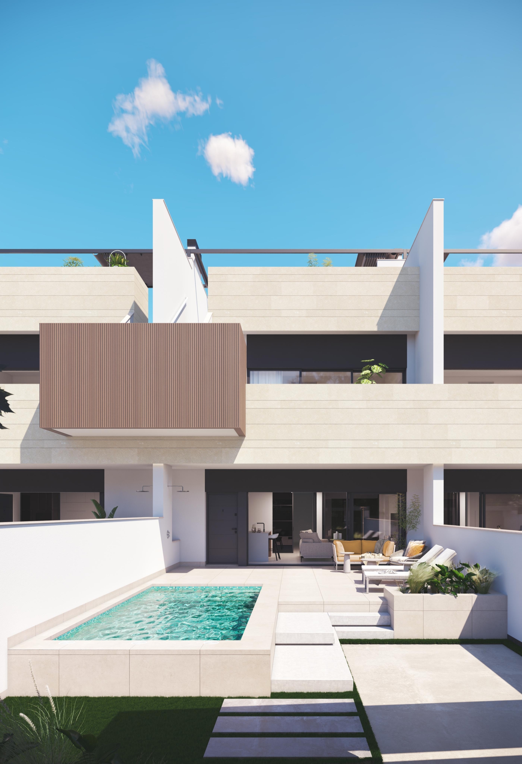(4) MIDDLE GROUND FLOOR FACADE PURA VIDA VI * Pilar de La Horadada * Exclusive Bungalows * Top Floor Two Bedrooms / 2 Bathrooms / Ground Floor 3 Bedrooms / 2 Bathrooms * €434,000 – €479,000 *